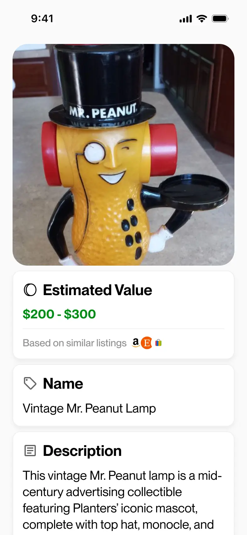 Relic app showing antique appraisal