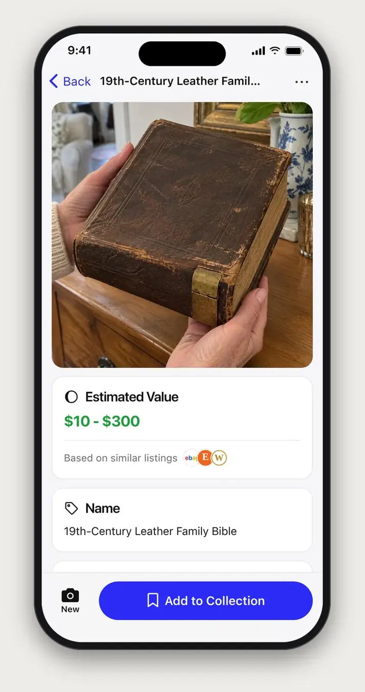 Example Relic scan result: 19th-Century Leather Family Bible, with an estimated value of $10 to $300