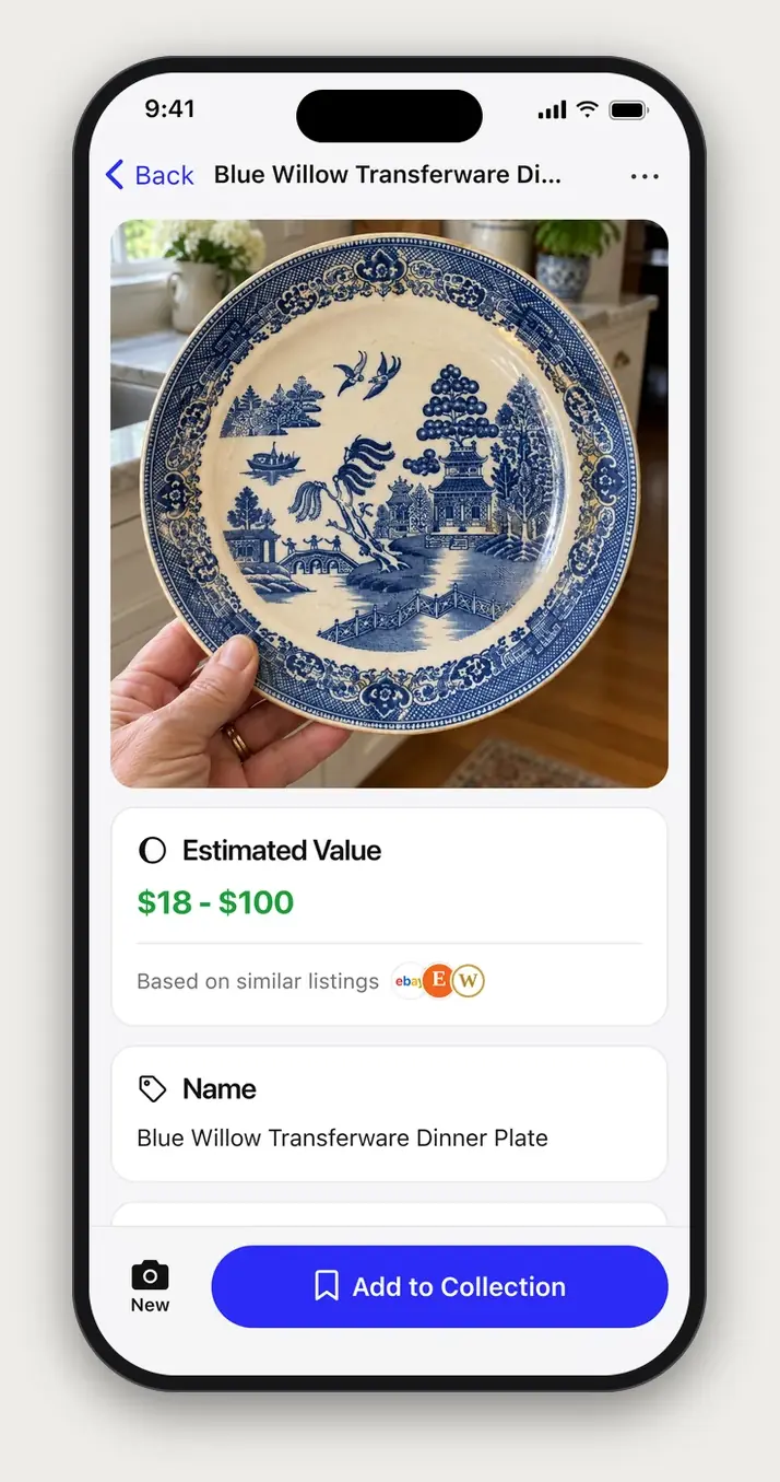 Example Relic scan result: Blue Willow Transferware Dinner Plate, with an estimated value of $18 to $100