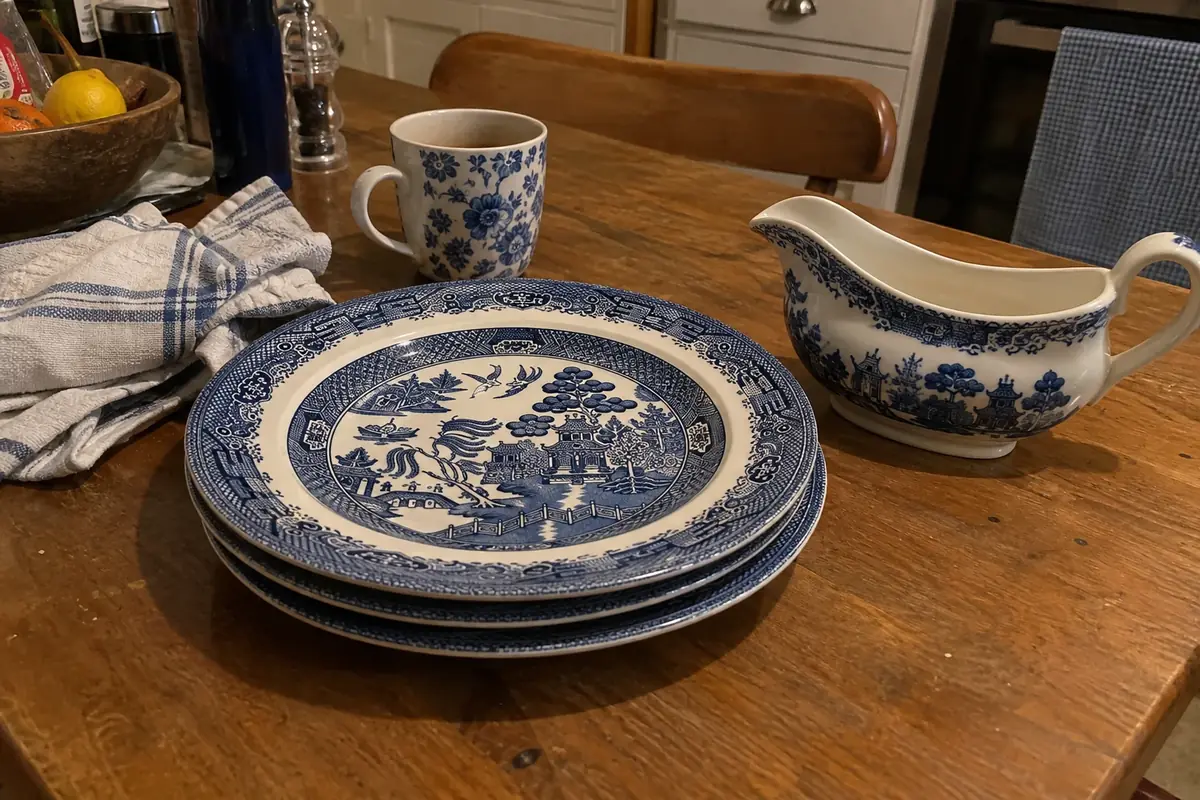 A stack of Blue Willow dinner plates and a gravy boat on a kitchen table