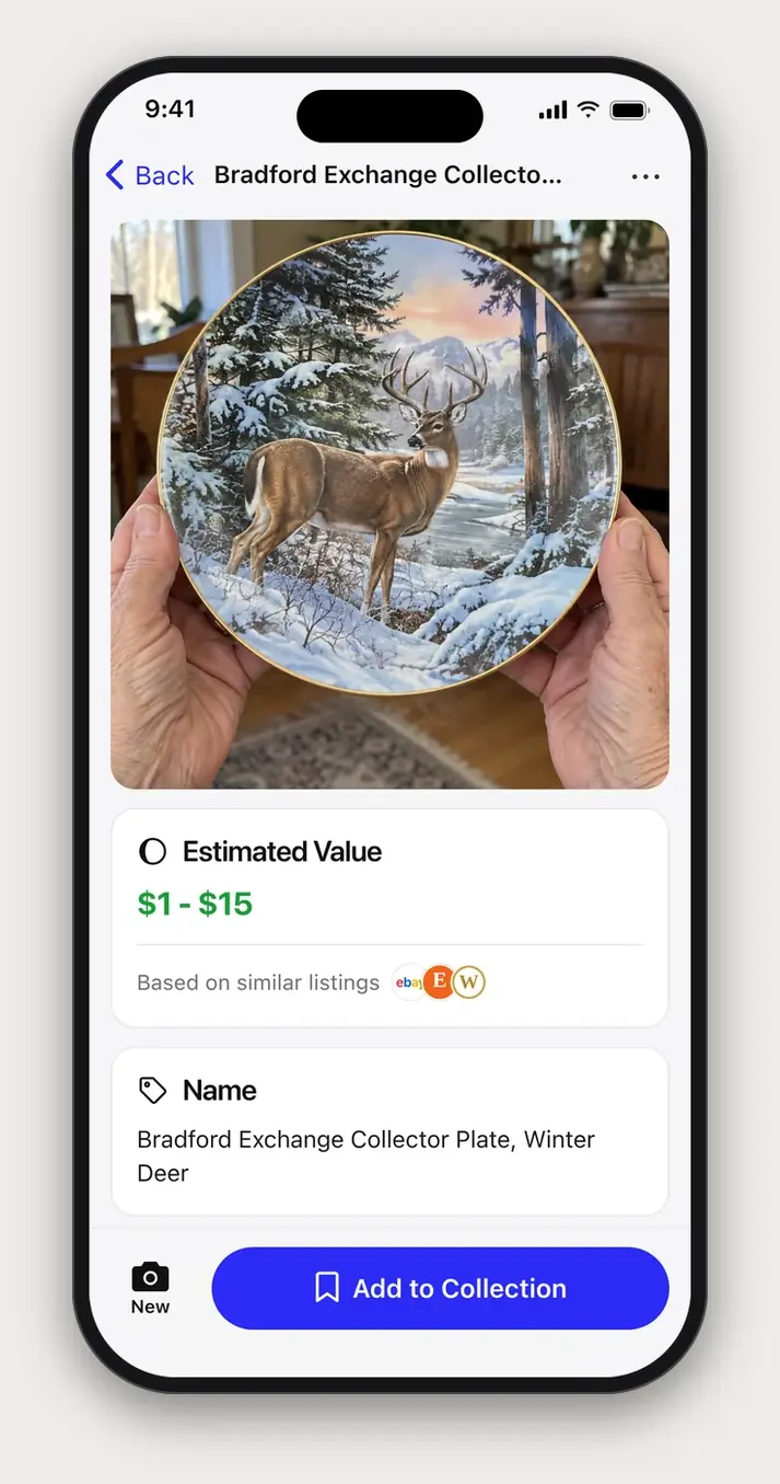 Example Relic scan result: Bradford Exchange Collector Plate, Winter Deer, with an estimated value of $1 to $15