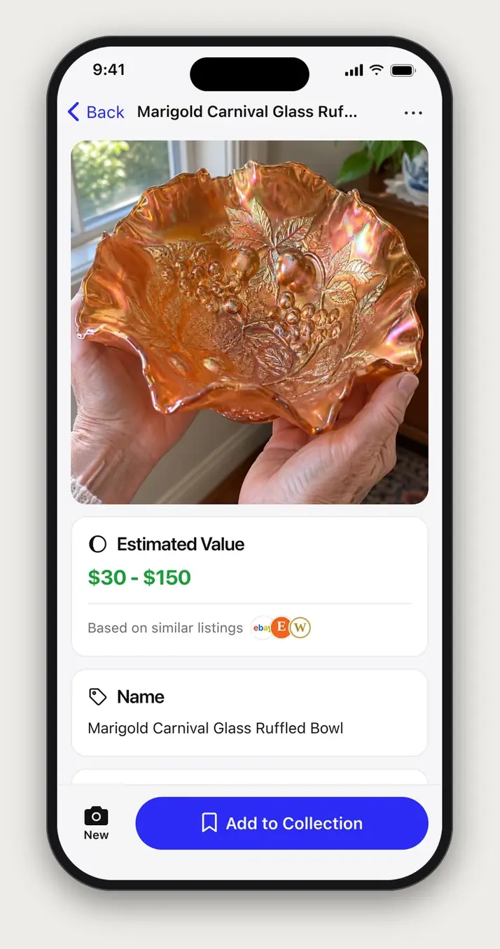 Example Relic scan result: Marigold Carnival Glass Ruffled Bowl, with an estimated value of $30 to $150