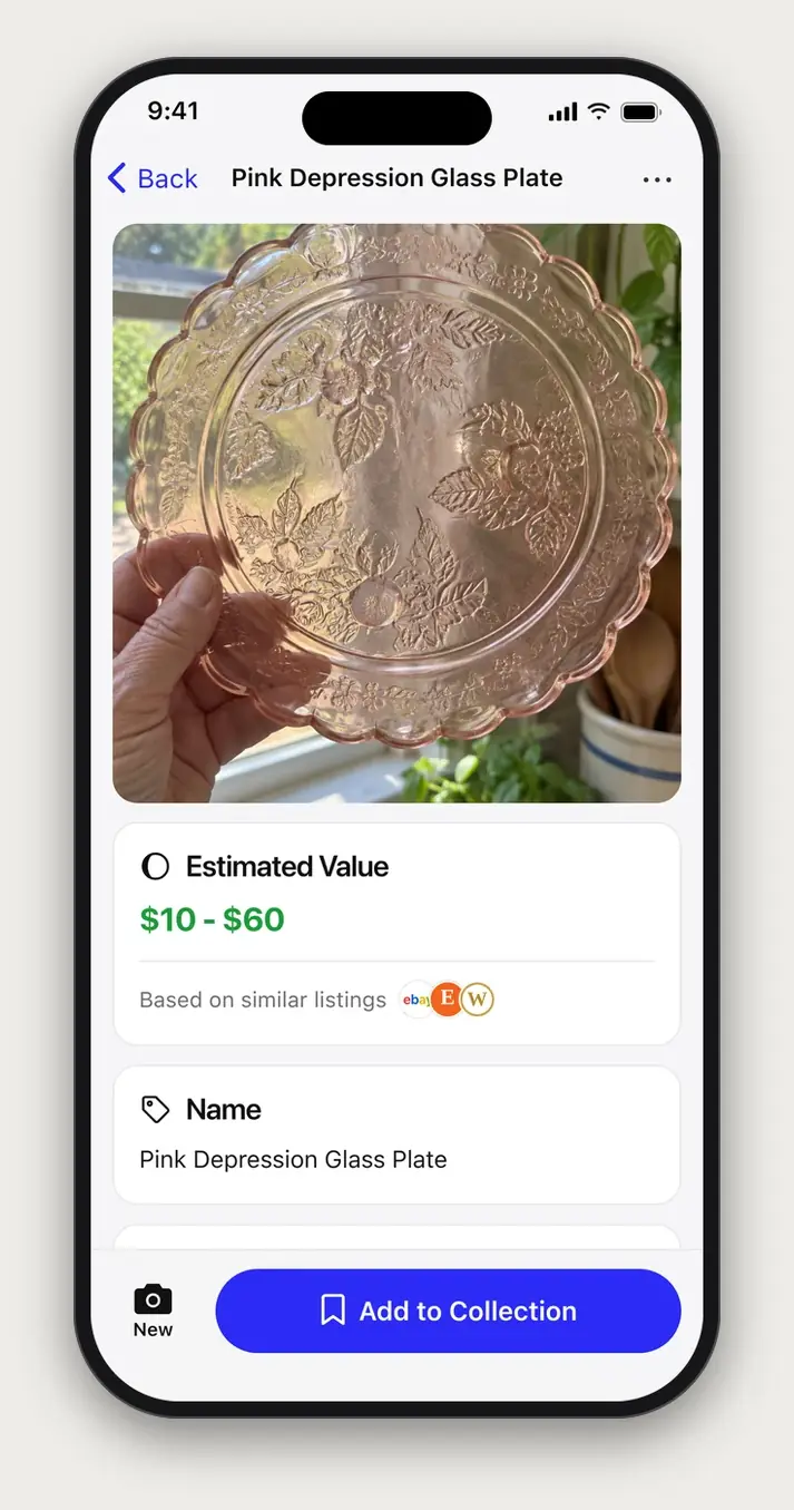 Example Relic scan result: Pink Depression Glass Plate, with an estimated value of $10 to $60
