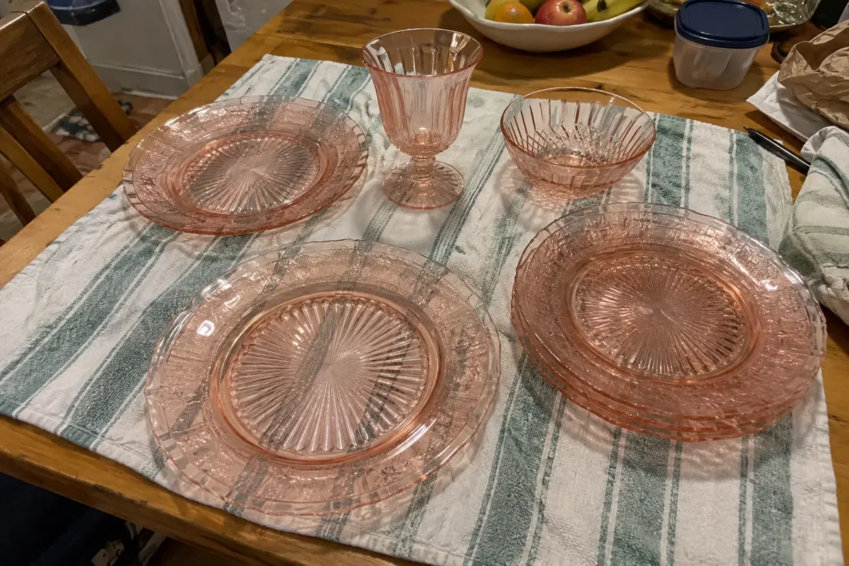 Pink depression glass plates, a tumbler and a bowl laid out on a dish towel