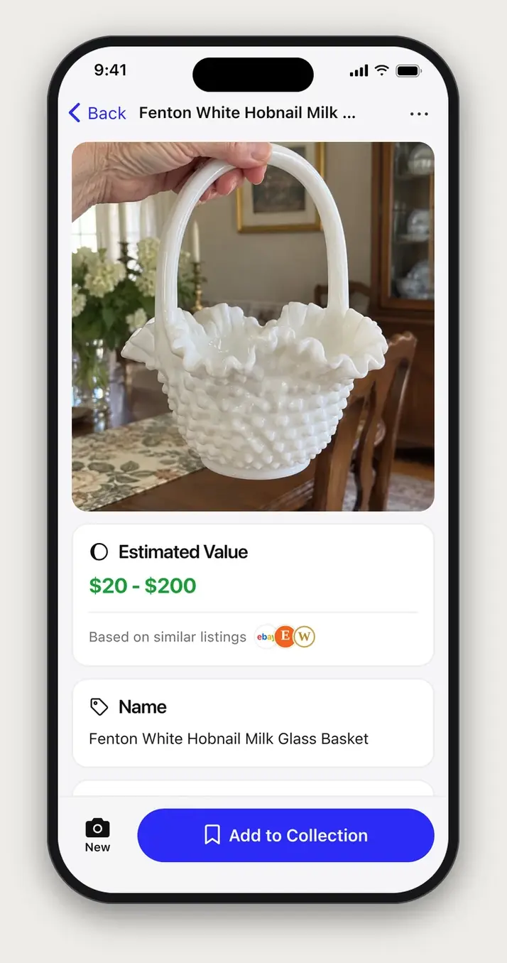 Example Relic scan result: Fenton White Hobnail Milk Glass Basket, with an estimated value of $20 to $200
