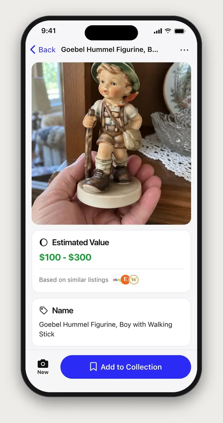 Example Relic scan result: Goebel Hummel Figurine, Boy with Walking Stick, with an estimated value of $100 to $300