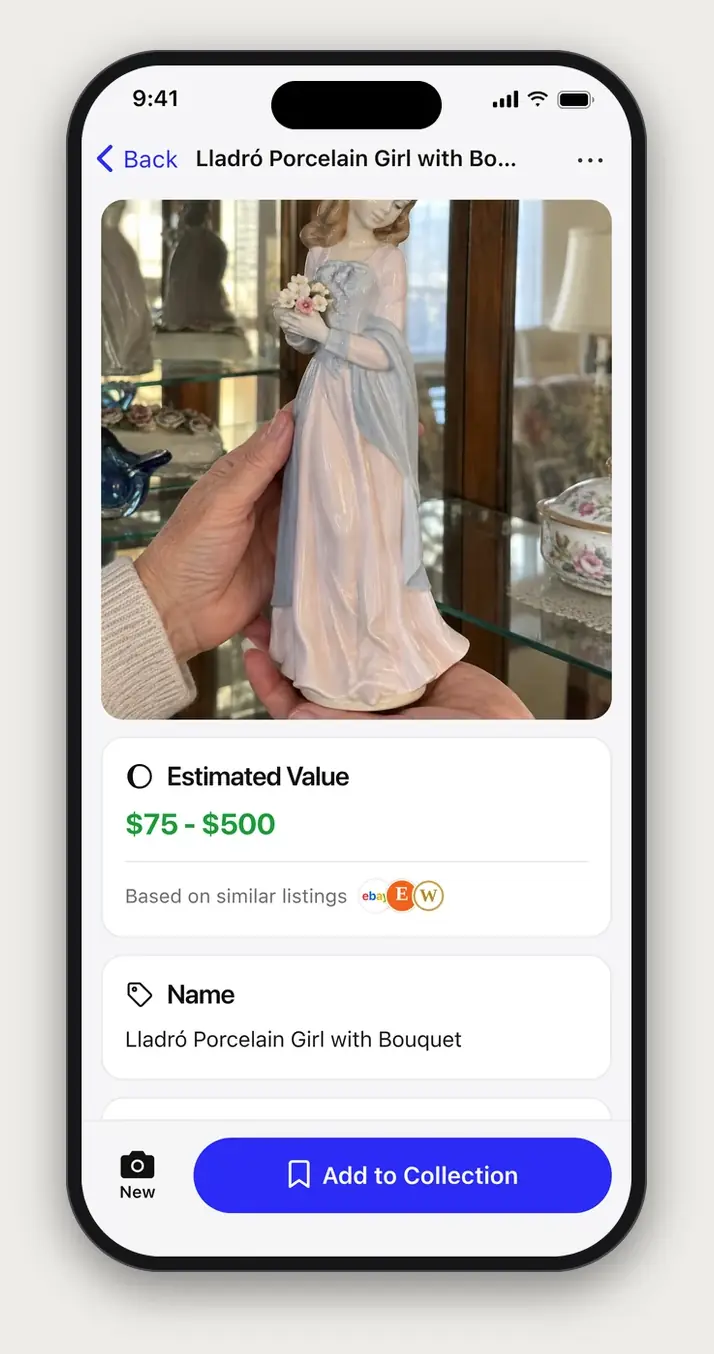 Example Relic scan result: Lladró Porcelain Girl with Bouquet, with an estimated value of $75 to $500