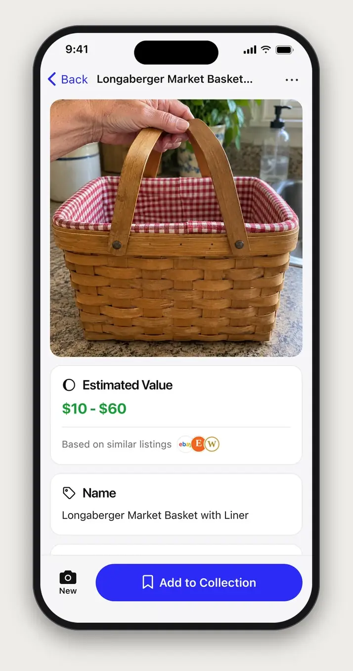Example Relic scan result: Longaberger Market Basket with Liner, with an estimated value of $10 to $60