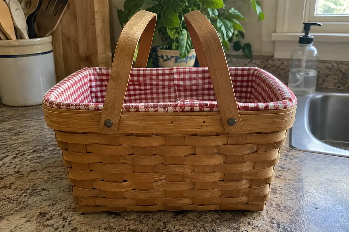 Hand-woven maple market basket with two swinging handles and a checked cloth liner on a kitchen counter