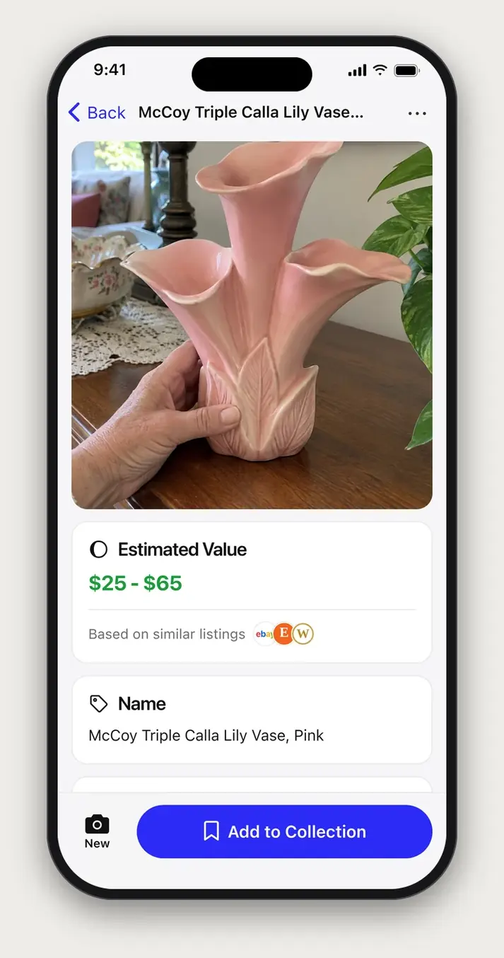 Example Relic scan result: McCoy Triple Calla Lily Vase, Pink, with an estimated value of $25 to $65