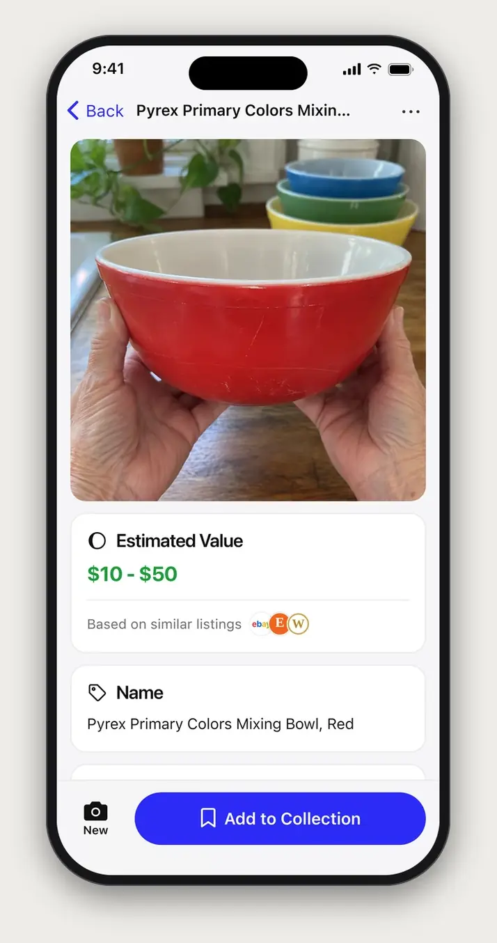 Example Relic scan result: Pyrex Primary Colors Mixing Bowl, Red, with an estimated value of $10 to $50