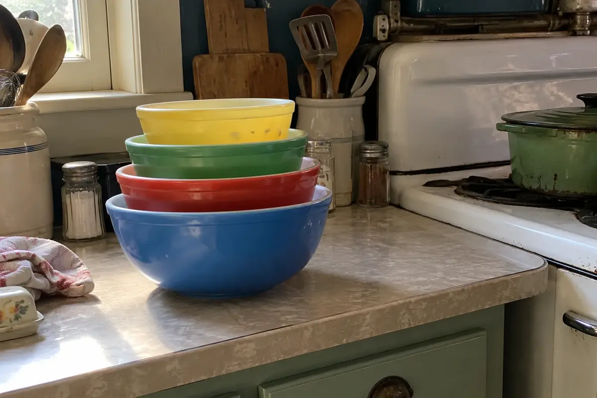 Four nesting vintage Pyrex mixing bowls in blue, red, green and yellow on a kitchen counter