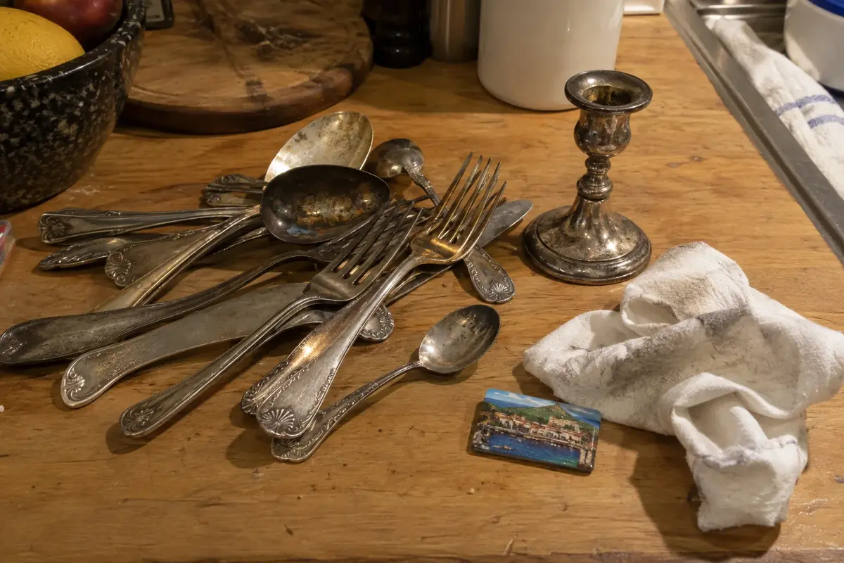 A mixed pile of old forks, spoons and a candlestick next to a magnet and a polishing cloth