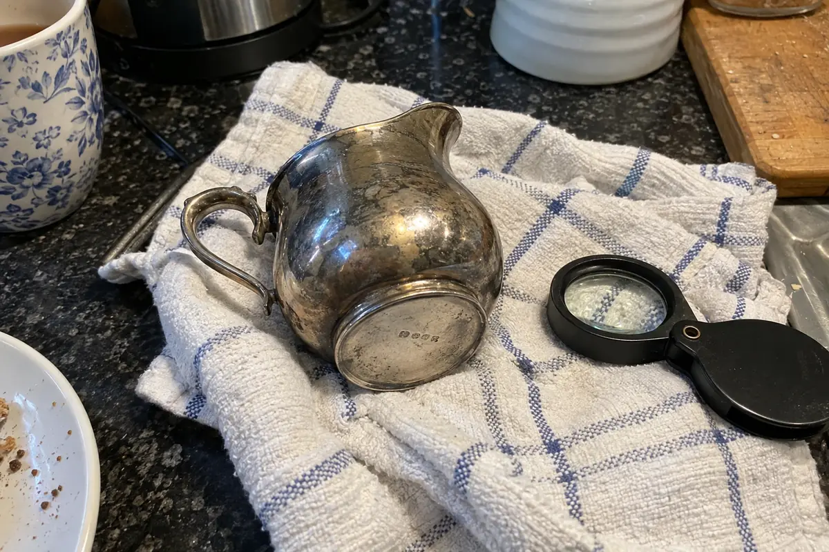 A tarnished silver cream jug on its side next to a magnifying glass