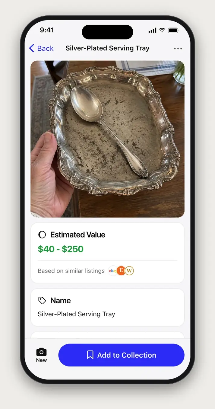 Example Relic scan result: Silver-Plated Serving Tray, with an estimated value of $40 to $250