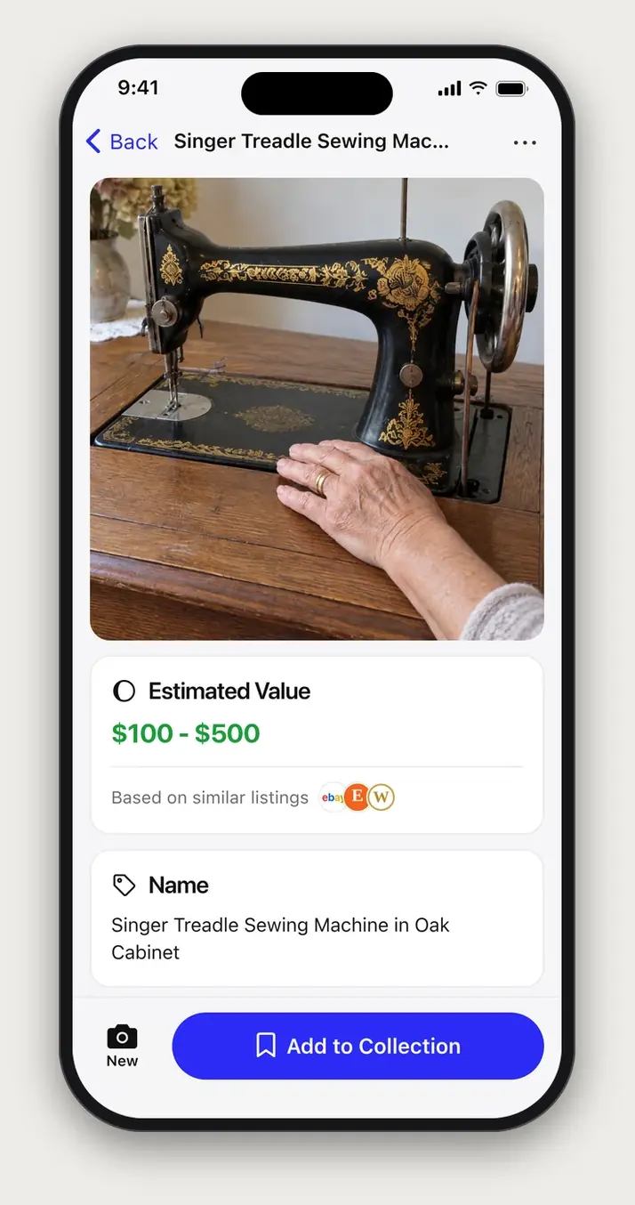 Example Relic scan result: Singer Treadle Sewing Machine in Oak Cabinet, with an estimated value of $100 to $500
