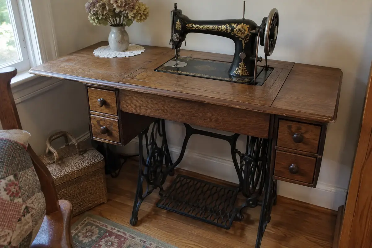 Black Singer treadle sewing machine with gold decals in an oak cabinet on a cast-iron base