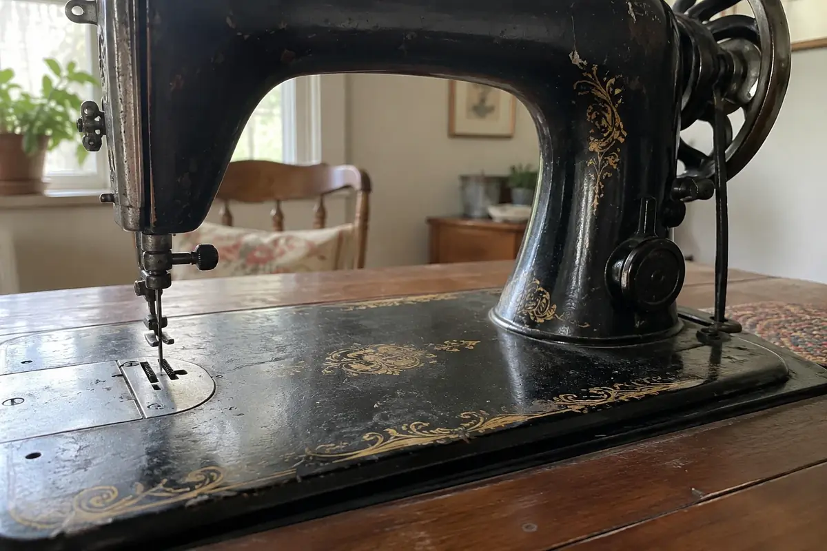 Close view of worn gold decals and chipped black finish on a vintage Singer sewing machine bed