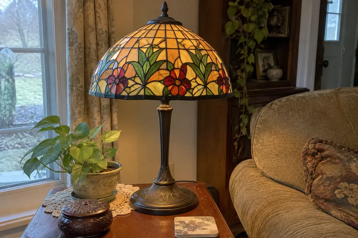 A domed stained-glass table lamp with amber, green and red pieces on a dark bronze-toned base, glowing on a side table