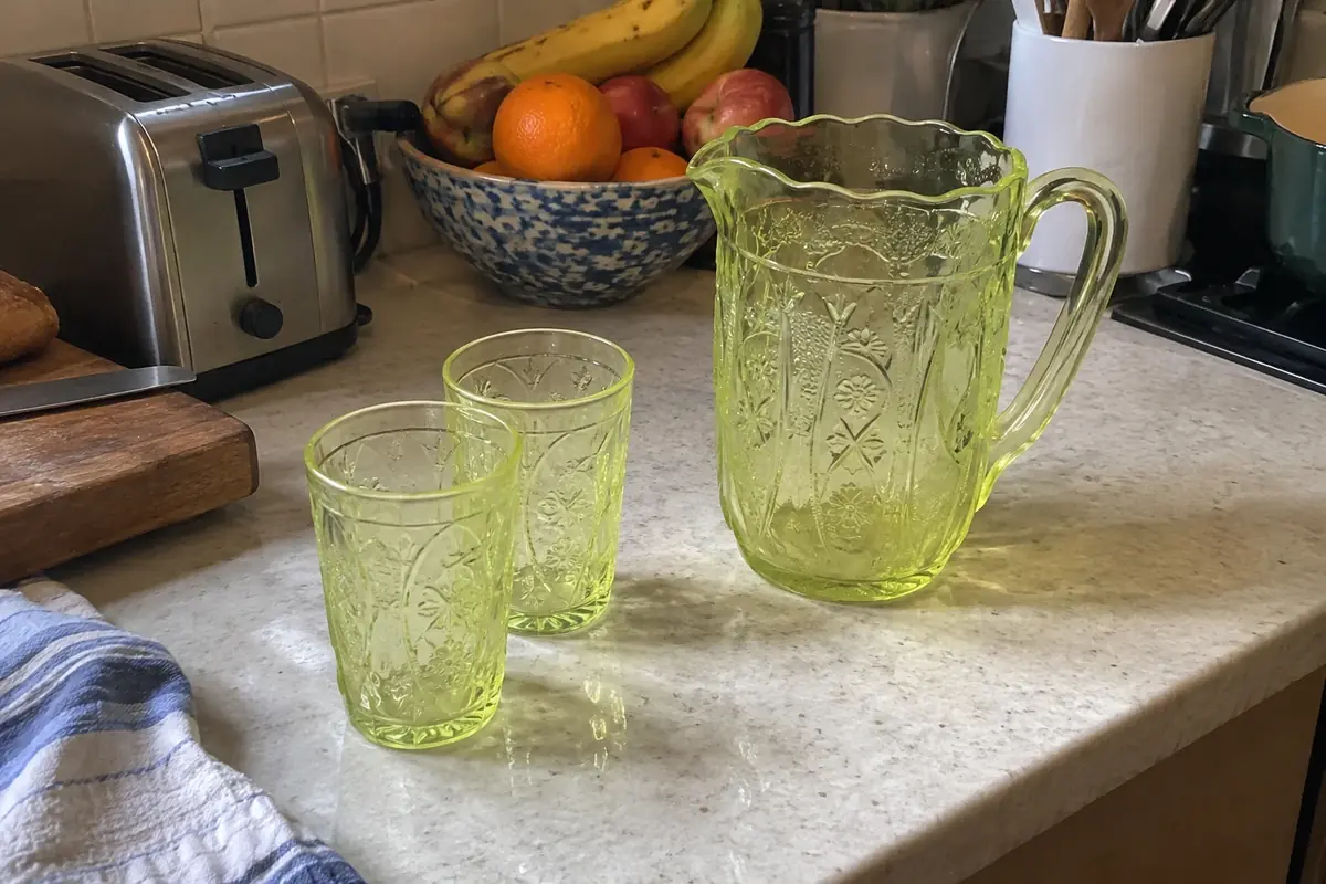 A pale yellow-green glass pitcher and tumblers on a kitchen counter