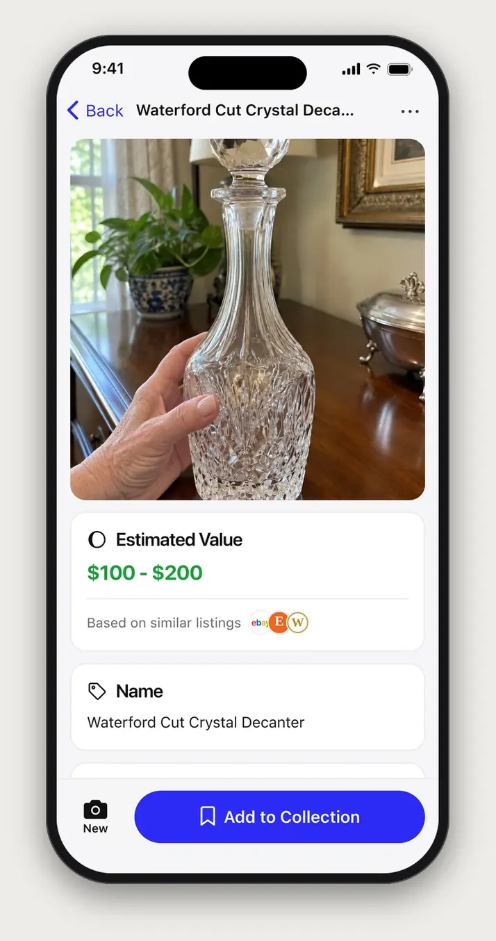 Example Relic scan result: Waterford Cut Crystal Decanter, with an estimated value of $100 to $200