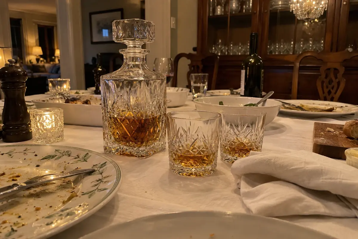 A cut-crystal decanter and two tumblers on a dining table after dinner